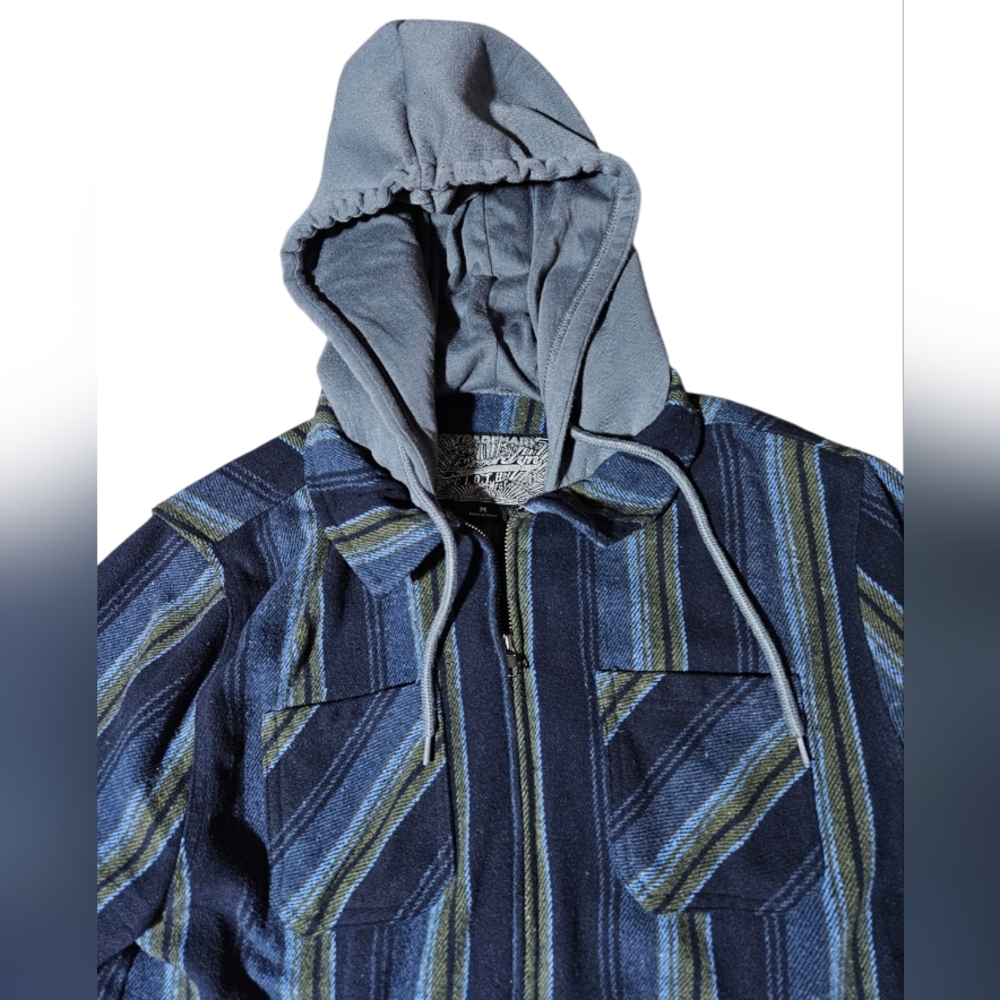 Brooklyn Cloth Zip Jacket Hood Stripe Blue Mens Medium RN#136523 Cotton Blend